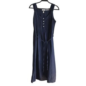 Malvin Hamburg Germany Navy Blue Linen Pintuck Midi Dress Womens Size 8 M